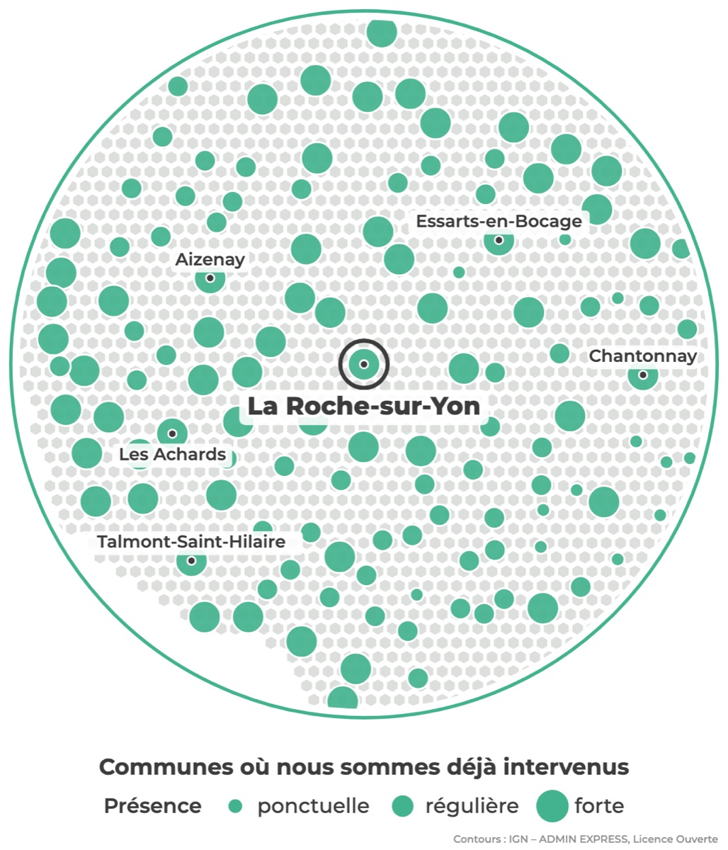 Carte des communes où Réseau Expertis est déjà intervenu autour de La Roche-sur-Yon