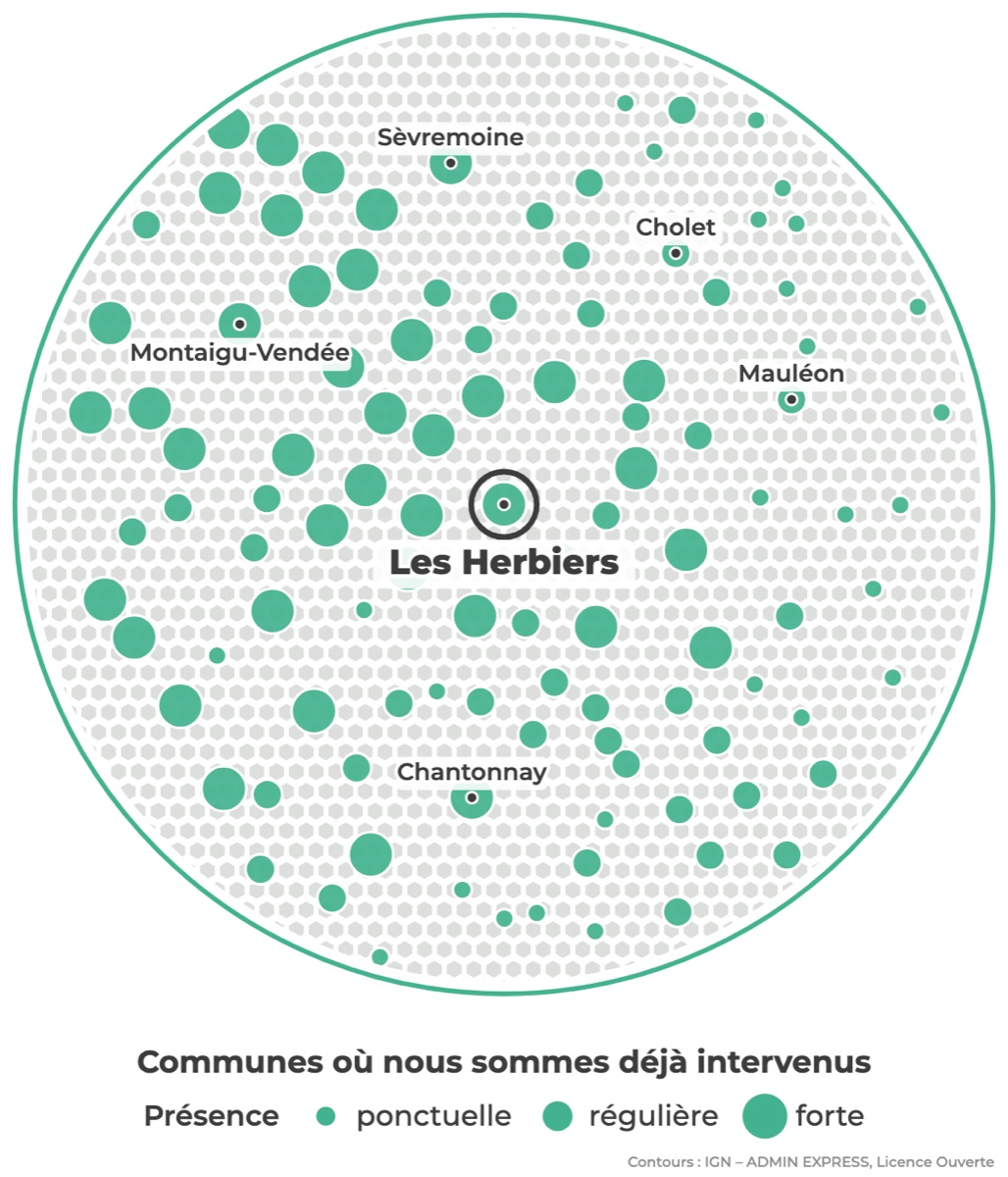 Carte des communes où Réseau Expertis est déjà intervenu autour des Herbiers