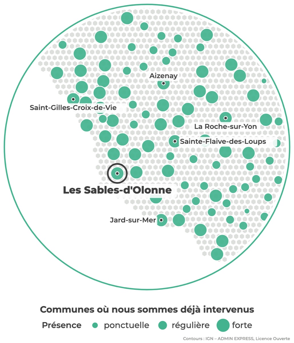 Carte des communes où Réseau Expertis est déjà intervenu autour des Sables-d'Olonne