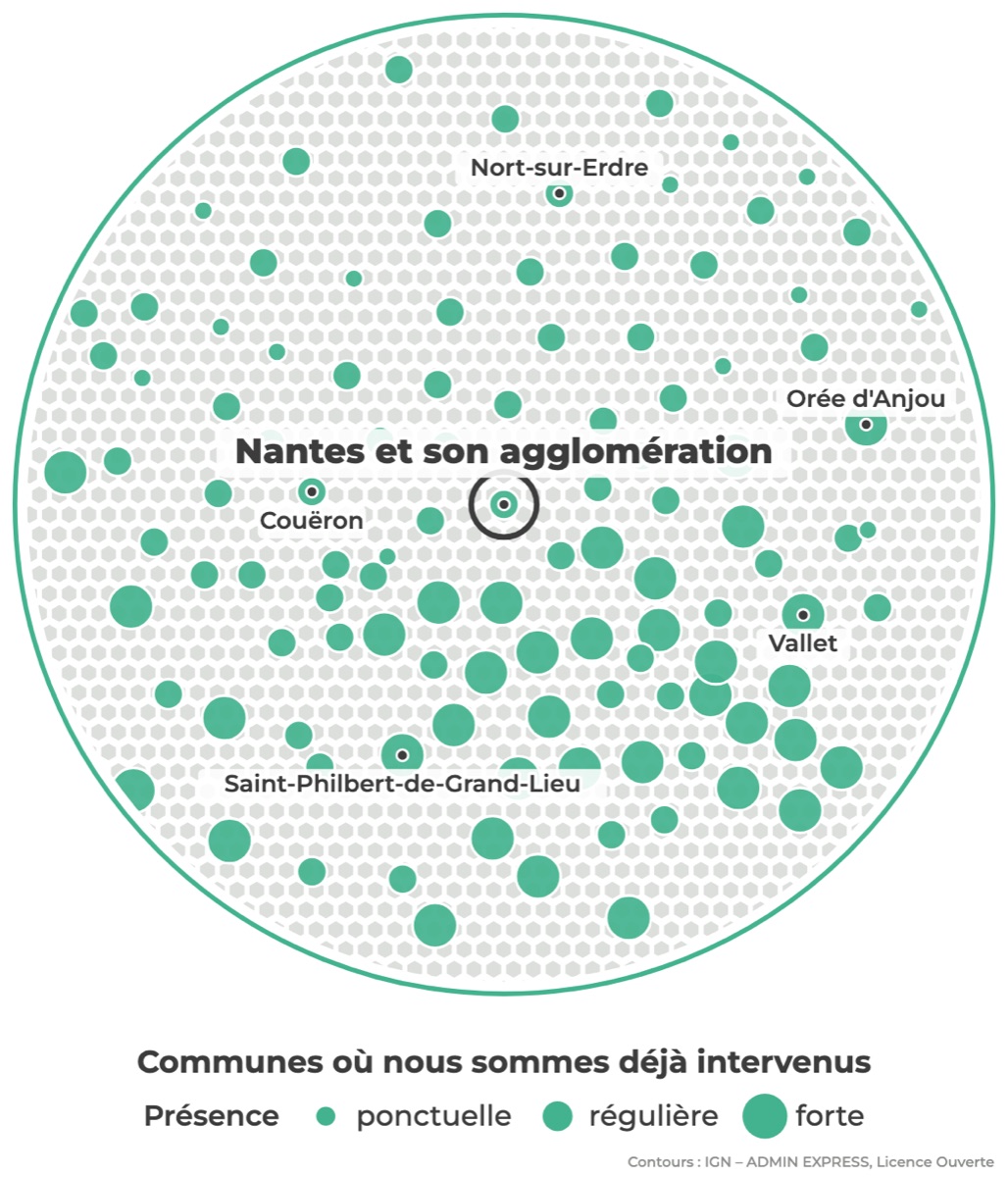 Carte des communes où Réseau Expertis est déjà intervenu à Nantes et dans son agglomération