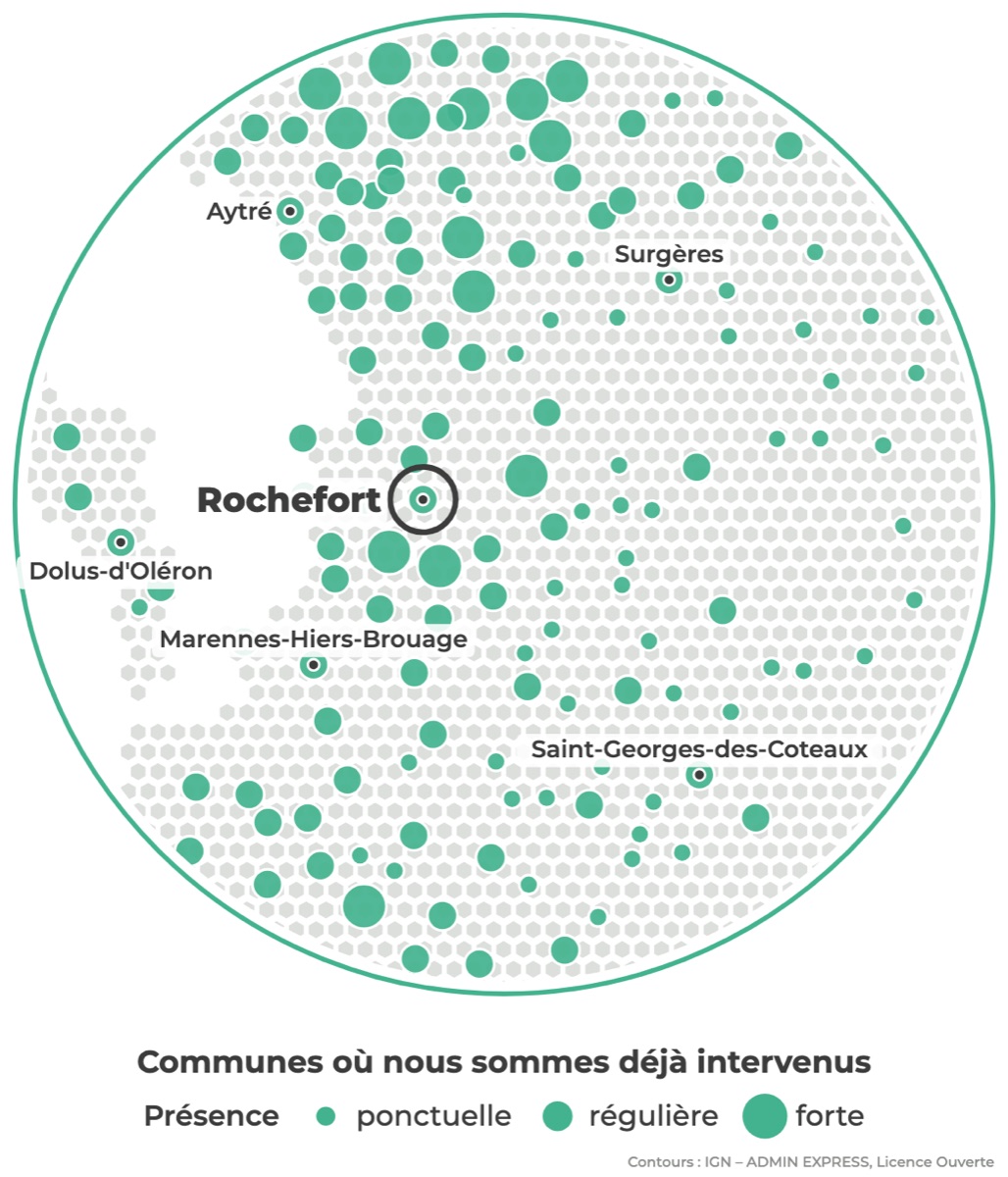 Carte des communes où Réseau Expertis est déjà intervenu autour de Rochefort